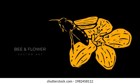 Vector illustration of flying bee and flower isolated on black background. Modern wall art, poster or art cover. 