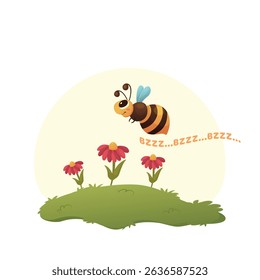 Vector illustration with a flying bee over flowers.