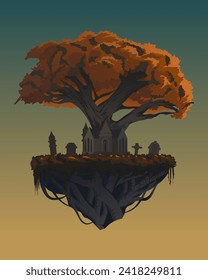 Vector illustration of flying big tree with cemetary and gradient as background