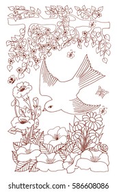 Vector illustration flying bird among the flowers. Work done by hand. Book Coloring anti-stress for adults and children.Brown and white.