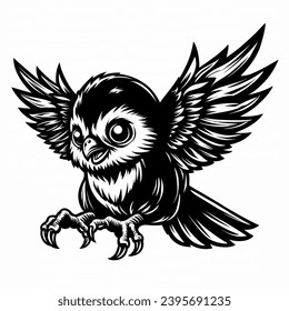 ilustración vectorial de un pájaro volador en un impresionante estilo de arte blanco y negro