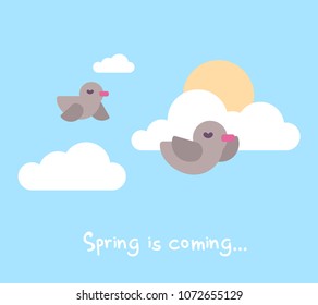 Vector illustration of flying bird in the blue sky with cloud and sun. Spring cartoon concept on blue background. Flat style design for web, banner, card