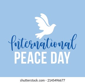 Vector illustration of flying bird dove as a symbol of peace. International Peace Day handrawn lettering.