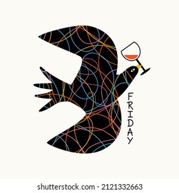 Vector illustration with flying bird with glass of red wine and lettering word Friday. Funny party print design, home and bar wall decoration typography poster with abstract doodle lines