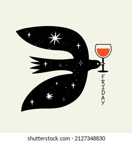 Vector illustration with flying bird with glass of red wine and lettering word Friday. Funny party print design, home and bar wall decoration typography poster with abstract doodle lines