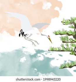 Vector illustration of a flying bird and a Japanese pine tree in watercolor digital spots with a copy of the space.