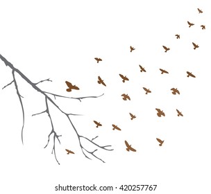 vector illustration of flying birds and tree branch