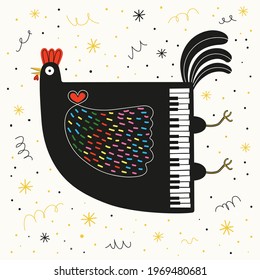 Vector illustration with flying black chicken with piano keys. Musical print design, concert cartoon style poster template with animal