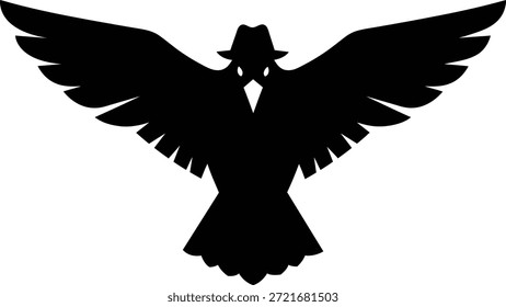 Ilustração vetorial de um corvo preto voador ou corvo usando um chapéu fedora detetive representando mistério, espião, agente secreto e temas noir isolados no fundo branco
