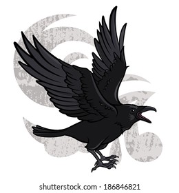 Vector illustration of a flying black raven