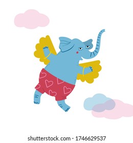 Vector illustration with flying blue elephant in the clouds.
Funny animal in cartoon style. 