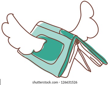 A vector illustration of a flying book