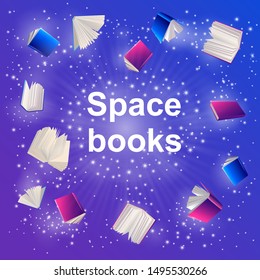 Vector illustration  flying books. Concept space books. Design  for online education, training and courses, learning, video tutorials. Can be used for banner, postcard, web site. 