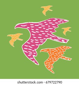 Vector illustration of flying bright birds on a green background.