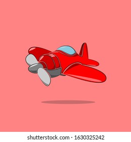vector illustration of a flying bright red plane in cartoon style with a gray propeller, a blue cockpit on a pink background