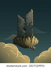 Vector illustration of flying broken ancient monument with cloud and night sky background 