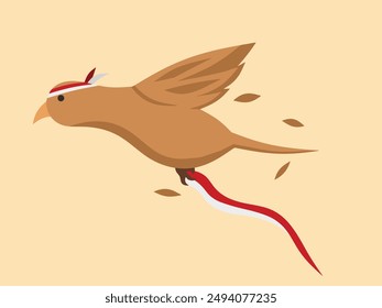 Ilustración vectorial de un pájaro marrón volador portando una bandera indonesia usando una diadema de la bandera indonesia y algunas plumas voladoras