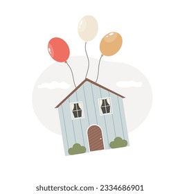 Ilustración vectorial con un edificio volador, cabaña con globos. Reubicación, movimiento, concepto. Transporte, servicio de carga