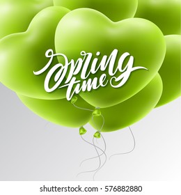 vector illustration of flying bunch of green balloon hearts. Spring time