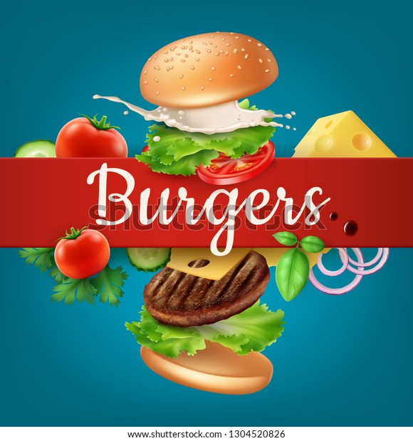 ハンバーガーのベクターイラスト 新鮮な材料で爆発した広告 レタス タマネギ パティ トマト チーズ キュウリ ソース バンとパンとゴマとテキスト用スペース のベクター画像素材 ロイヤリティ フリー
