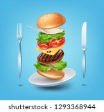 Vector illustration flying burger on plate with fork and knife, ads exploded hamburger with refreshing ingredients: lettuce, patty, tomato, cheese, cucumber, sauce and bun with sesame on background