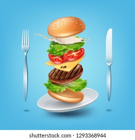 Vector illustration flying burger on plate with fork and knife, ads exploded hamburger with refreshing ingredients: lettuce, patty, tomato, cheese, cucumber, sauce and bun with sesame on background