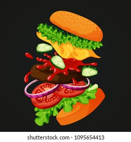 Vector illustration of a flying burger separated into layers showing ingredients: sesame topped bun, fresh cucumbers, cheese, lettuce, red onion, tomato , ketchup and meat patty on a dark background.