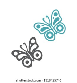 Vector illustration of the flying butterfly. Set of two vector icons. Flat design Monochrome
