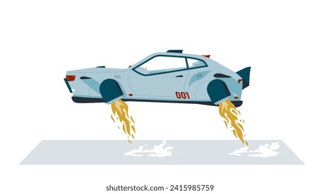 Vektorgrafik eines fliegenden Autos, das startet. Cartoon Sportflieger mit Jetmotoren. Stellt futuristische Transportmittel dar. Moderne Fliegerindustrie.