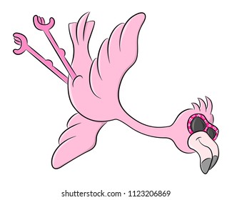 vector illustration of a flying cartoon flamingo with sunglasses