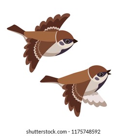 Vector illustration of flying cartoon Tree Sparrows isolated on white background 