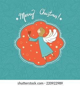 Vector illustration with flying Christmas angel holding heart in her hands. It can be used for card, postcard, poster, invitation, wallpaper, textile design, fabric design, cover, banner, sticker.