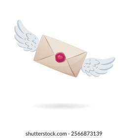 Vector illustration. Flying closed envelope with heart stamp and wings. Romantic for Valentine's day. Greeting card, poster or sticker pack.