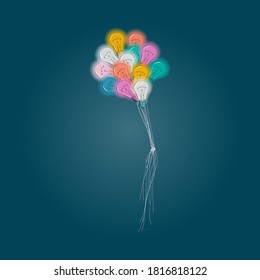 Vector illustration with  flying color balloons in form of  glowing light bulbs on dark green background. Clip art for web card, poster, cover, decorations.


