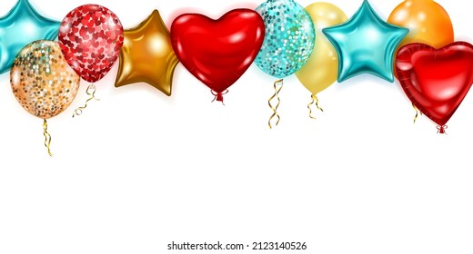 Vector illustration with flying colored helium balloons in various shapes and colors on white background