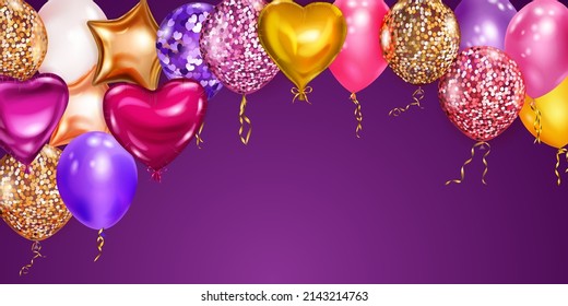 Vector illustration with flying colored helium balloons in various shapes and colors on purple background