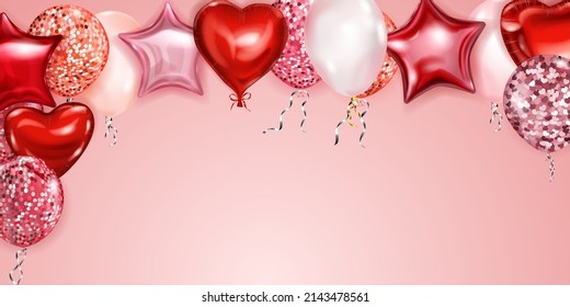 Vector illustration with flying colored helium balloons in various shapes and colors on pink background