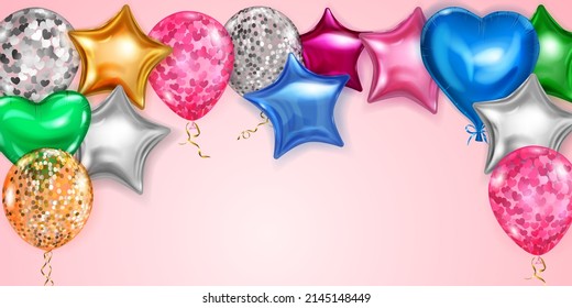 Ilustración vectorial con globos de helio de color volante en varias formas y colores sobre fondo rosa