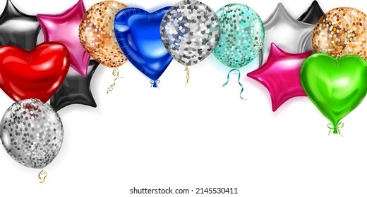 Vector illustration with flying colored helium balloons in various shapes and colors on white background