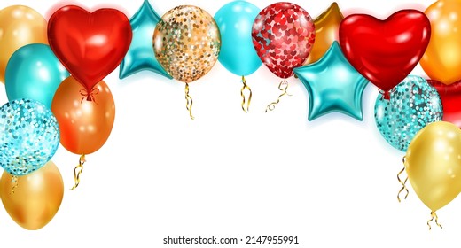 Ilustración vectorial con globos de helio de color volante en varias formas y colores sobre fondo blanco