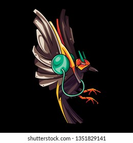 Vector Illustration. The Flying Crow in Black Background