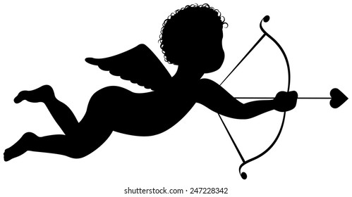 Vector illustration of flying cupid's silhouette with bow and arrow.