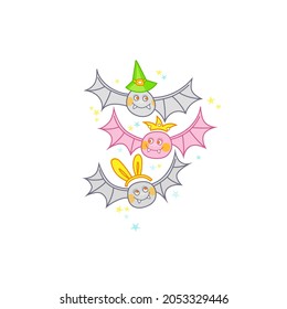 Vector illustration. Flying cute bat among the stars. Bats isolated, on white background. Cheerful, funny bats in a crown, a witch's hat, bunny ears. Happy Halloween!