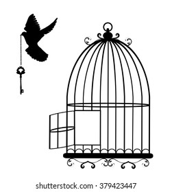 vector illustration of a flying dove with a key and cage open