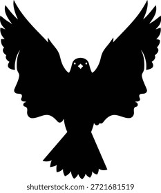 Ilustración vectorial de una paloma voladora con alas formadas por rostros humanos espaciales negativos que simbolizan la paz, la armonía, la unidad y el diálogo entre personas aisladas sobre fondo blanco