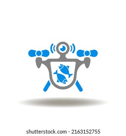 Vector illustration of flying drone with fish product. Icon of food delivery technology. Symbol of food tech.