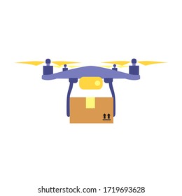 Vector illustration of flying drone with parcel or box.  Safe contactless delivery to the door by drone concept. Online shopping order
