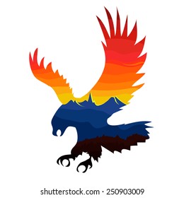 Vector illustration. Flying eagle with colorful sky and beautiful mountains landscape inside
