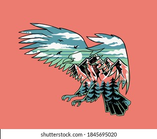 Vector illustration of a flying eagle with a mountain landscape. For t-shirt prints, posters, and other uses.