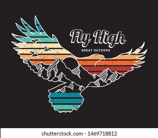 Vector illustration of a flying eagle with a mountains landscape. For t-shirt prints, posters an other uses.